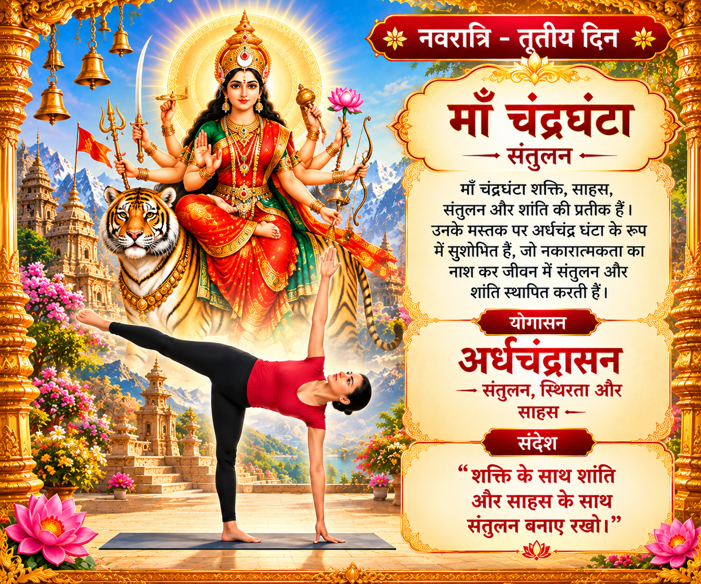 माँ चंद्रघंटा और अर्धचंद्रासन – नवरात्रि तृतीय दिन