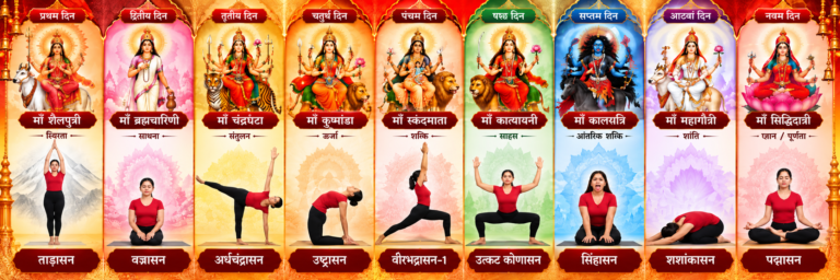 नवरात्रि के 9 दिनों में नवदुर्गा के 9 स्वरूपों के साथ 9 योगासन जानें। माँ शैलपुत्री से माँ सिद्धिदात्री तक योग और शक्ति का सुंदर समन्वय।